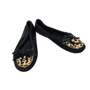 Minnetonka Moccasin Black Cheetah Leopard Print Dyed Calf Hair Moccasins Size 8